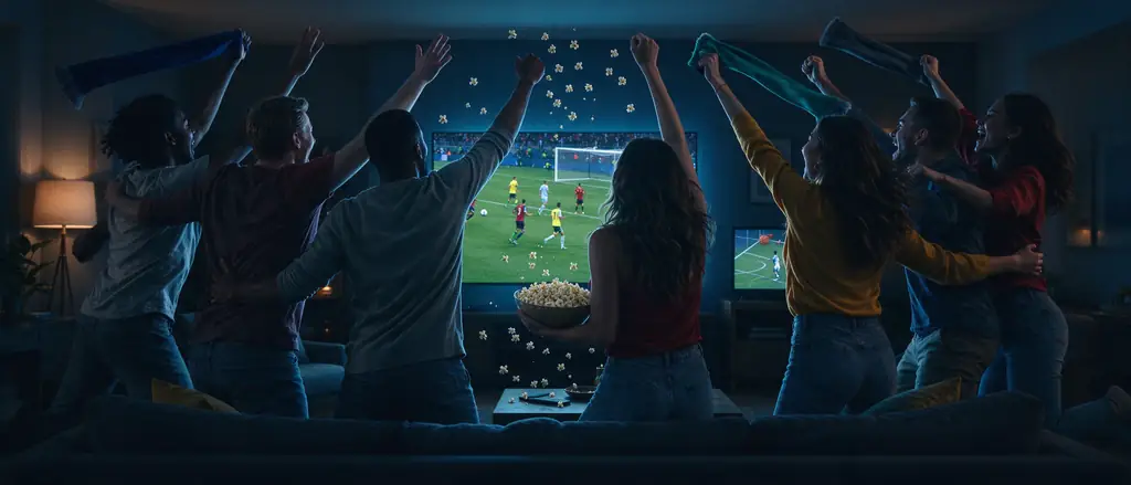 A family celebrating at home in front of the TV, watching live channels through MoviraTivi