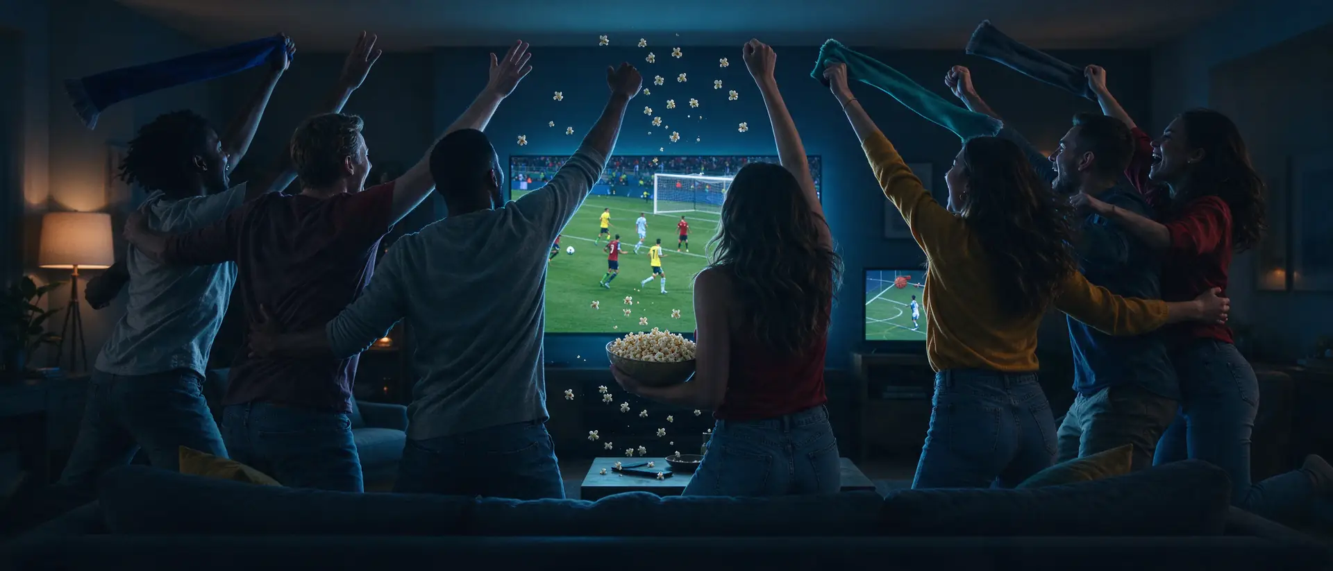 Friends cheering together in a living room while MoviraTivi streams on the TV