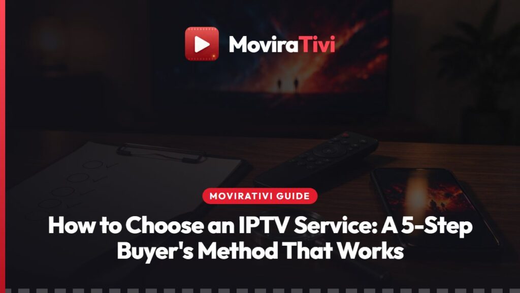 MoviraTivi buyer's scorecard for choosing an IPTV service, with a TV showing country folders next to a checklist and a phone open on WhatsApp