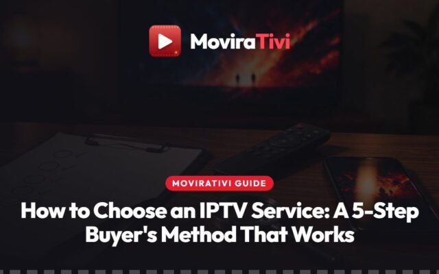 MoviraTivi buyer's scorecard for choosing an IPTV service, with a TV showing country folders next to a checklist and a phone open on WhatsApp