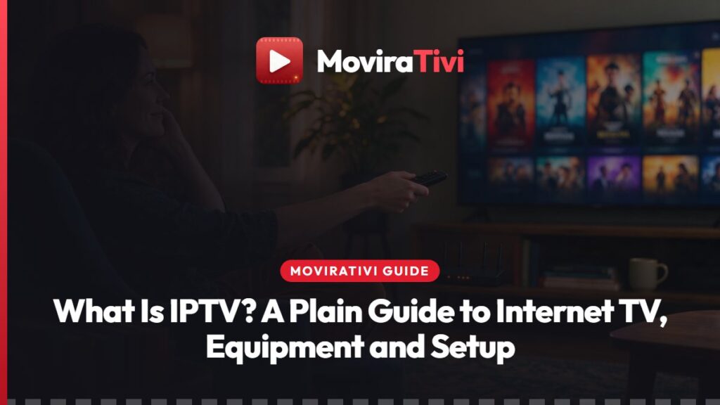MoviraTivi explainer showing a TV channel travelling over a home internet line to a smart TV, phone and streaming stick