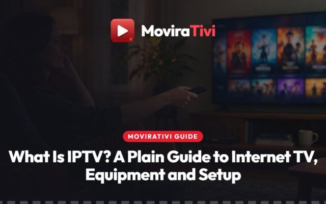MoviraTivi explainer showing a TV channel travelling over a home internet line to a smart TV, phone and streaming stick