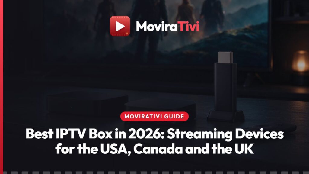 MoviraTivi best IPTV box guide: a Google TV streaming box connected to a router by an Ethernet cable, next to a TV showing a channel guide
