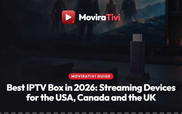 MoviraTivi best IPTV box guide: a Google TV streaming box connected to a router by an Ethernet cable, next to a TV showing a channel guide