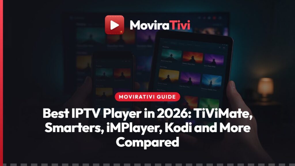 MoviraTivi best IPTV player guide: a living-room TV showing a channel guide grid with US, Canada and UK folders, a remote and a phone on the coffee table