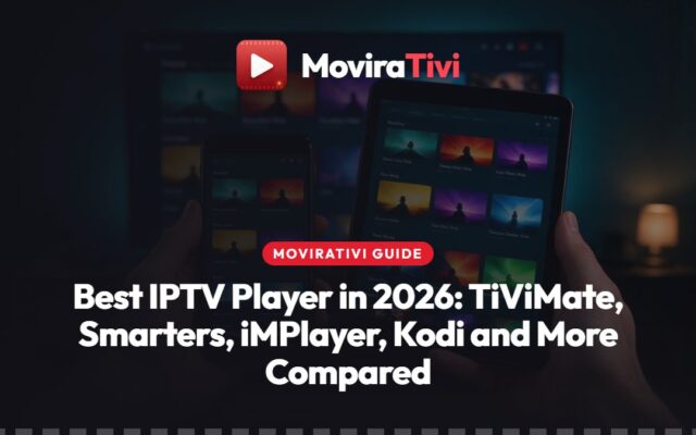 MoviraTivi best IPTV player guide: a living-room TV showing a channel guide grid with US, Canada and UK folders, a remote and a phone on the coffee table