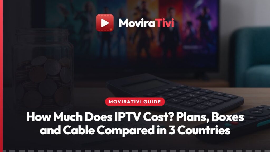 MoviraTivi IPTV cost comparison showing a TV bill, a streaming stick and price cards for the USA, Canada and the UK