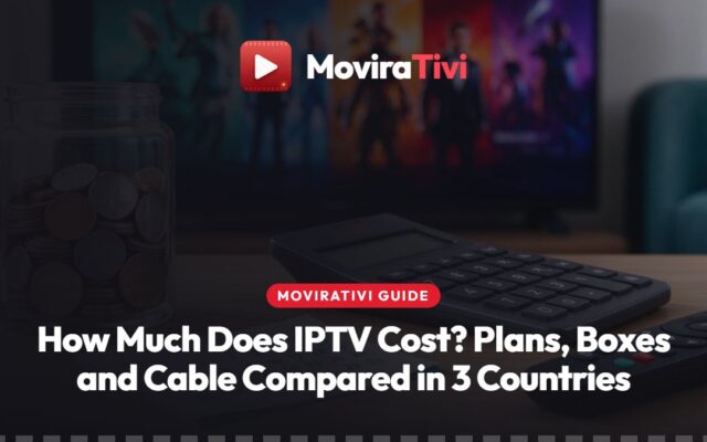 MoviraTivi IPTV cost comparison showing a TV bill, a streaming stick and price cards for the USA, Canada and the UK