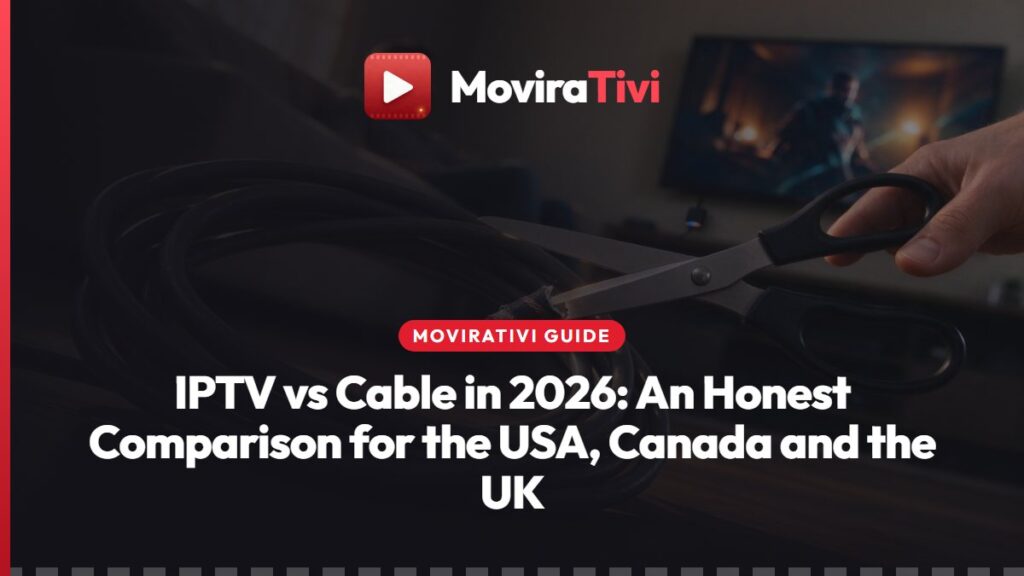 MoviraTivi IPTV vs cable comparison: a rented cable box and coaxial wire next to a streaming stick and a TV showing US, Canada and UK channel folders