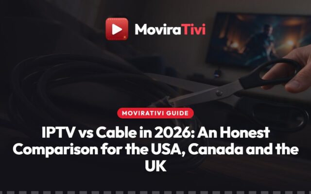 MoviraTivi IPTV vs cable comparison: a rented cable box and coaxial wire next to a streaming stick and a TV showing US, Canada and UK channel folders