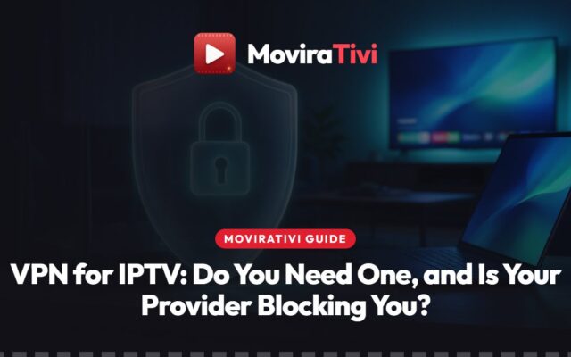 MoviraTivi VPN for IPTV guide: a home router and streaming stick beside a laptop showing a padlock icon, in front of a TV playing a live channel